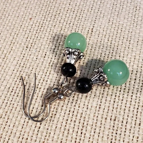 Eclectic Black Light Green Glass Bead Antiqued Silver Fancy Bead Cap Earrings - Picture 5 of 6